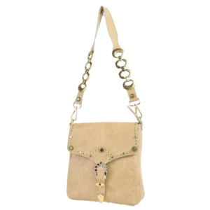 Borsa medie dimensioni in pelle color champagne e impreziosita con strass bianchi e neri che la rendono elegante